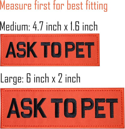 FITZNORA Embroidered Ask to Pet Patches, 2 Pack Clear Sign with Hook and Loop Pieces, Easy to Read Tabs for Dog Vest Harness Collar, 6 x 2 inches