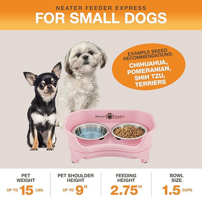 Neater Feeder Express Mess Proof Dog Bowls Elevated for Small Breeds Under 15 Lb, Made in USA, No Spill Raised Dog Food Bowl Stand, Stainless Steel Food and Water Bowl Set, Feeding Station, Pink
