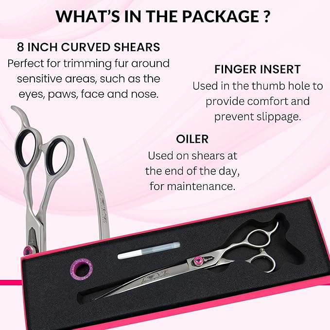 Kenchii Love Dog Grooming Scissors, 8 Inch Curved Shears, Dog Scissors for Grooming, Professional Pet Grooming Scissors, Ergonomic & Comfortable