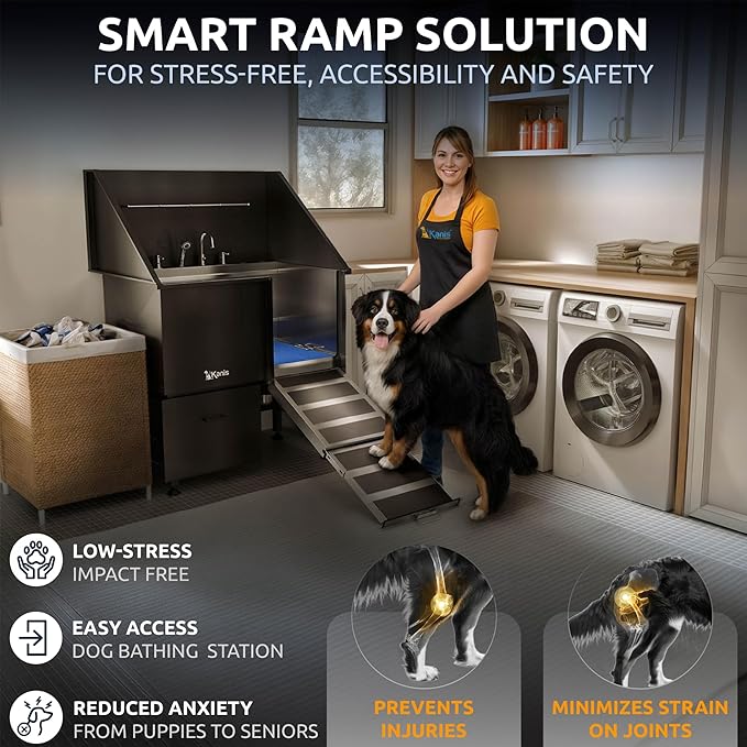 KANIS Professional Dog Washing Station - 304 Stainless Steel Pet Wash Sink & Grooming Bathtub w/Shower, Floor Grates and Storage for Large, Medium & Small Pets (40, Black 1 Drawer - Right RAMP)