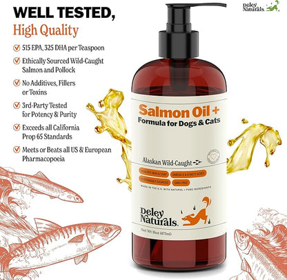 Deley Naturals Wild Alaskan Salmon Oil for Dogs & Cats - New & Improved Salmon Oil Plus Formula - Fish Oil for Dogs with DHA EPA Omega 3 & 6 Fatty Acids - Omega 3 for Skin & Coat - 16oz Made in USA