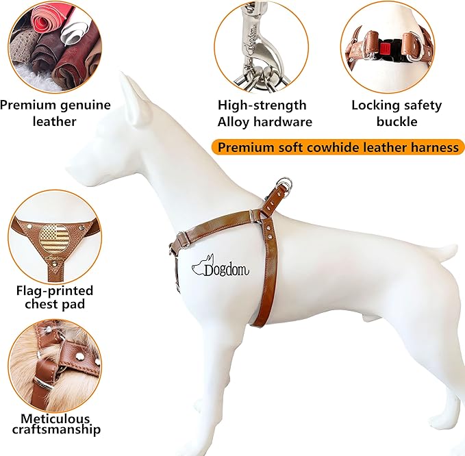 Leather Dog Harness with Padded Chest Plate – Adjustable Genuine Leather H-Style Walking Harness with Metal Buckles and American Flag Emblem for Medium & Large Dogs, Black & Brown (Black, M)