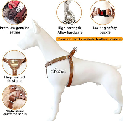 Leather Dog Harness with Padded Chest Plate – Adjustable Genuine Leather H-Style Walking Harness with Metal Buckles and American Flag Emblem for Medium & Large Dogs, Black & Brown (Black, M)