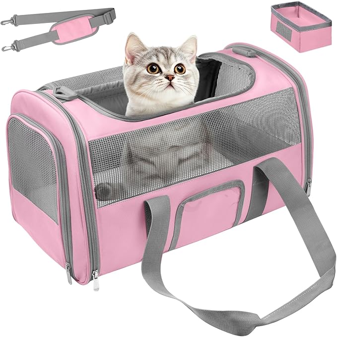 Seclato Soft Side Cat Carrier Airline Approved for Puppy Kitten Dog Carriers for Small Medium Cats Under 15lb, Collapsible TSA Approved Travel Pet Carrier, Pink with Grey