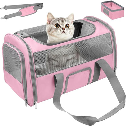 Seclato Soft Side Cat Carrier Airline Approved for Puppy Kitten Dog Carriers for Small Medium Cats Under 15lb, Collapsible TSA Approved Travel Pet Carrier, Pink with Grey