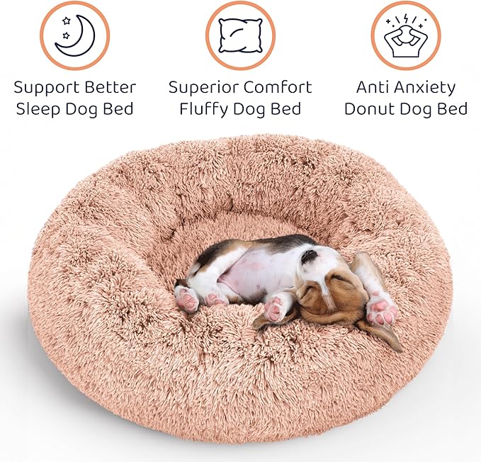 Petloox Donut Dog Bed - Premium Comfort for Anxiety Relief - Fluffy & Calming Design with Ultra-Plush Support | Cozy Round Dog Bed with Super Soft Circle Style (Size S Pink)