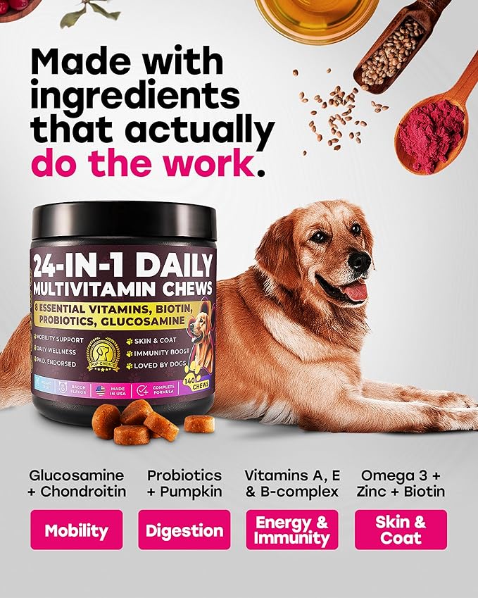 24-in-1 Complete Daily Multivitamin Dog Chews – Bacon Flavor – All-in-One PhD-Endorsed Support for Joints, Skin & Coat, Digestion, Immunity, Gut Health, Glucosamine, Omega-3, Probiotics - 140 Chews
