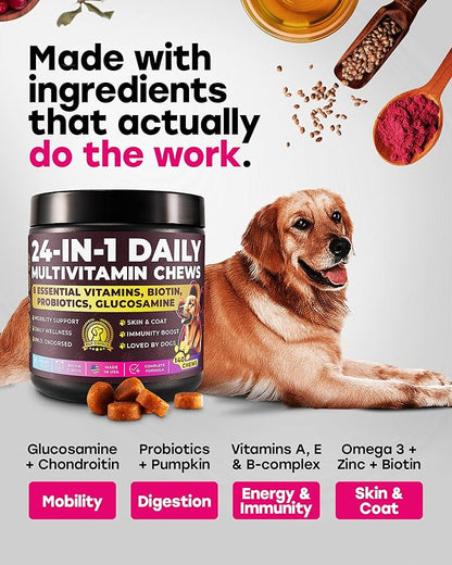 24-in-1 Complete Daily Multivitamin Dog Chews – Bacon Flavor – All-in-One PhD-Endorsed Support for Joints, Skin & Coat, Digestion, Immunity, Gut Health, Glucosamine, Omega-3, Probiotics - 140 Chews
