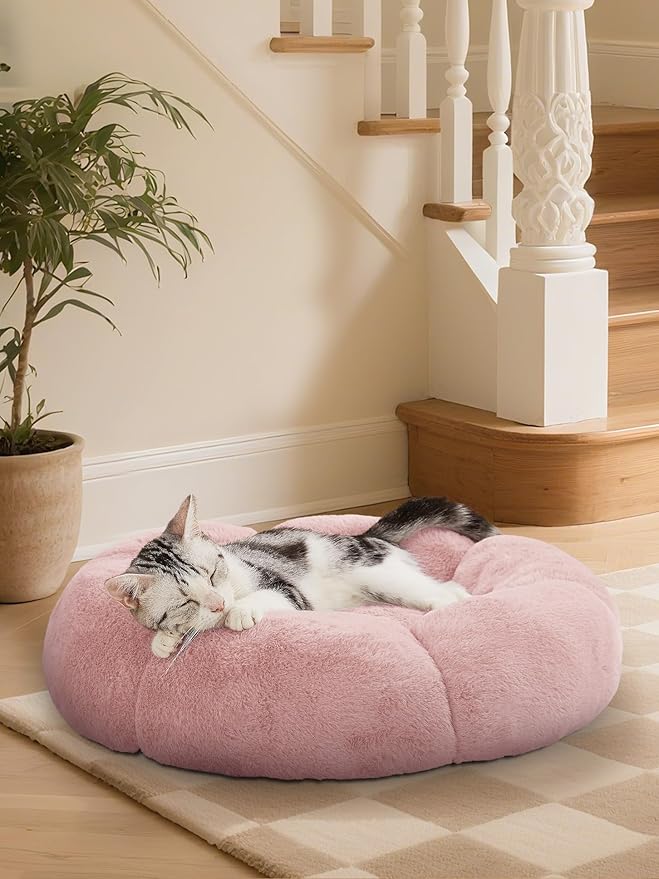 OhGeni 20 inches Calming Donut Dog & Cat Bed for Small Pets, Warming Comfort Fluffy Short Pile Fur, Durable Machine Washable, Cute Round Bed for Puppy and Kitten, Pink