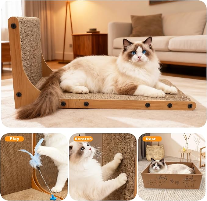 Goosheep Cat Scratching Post, 3-in1 Scratching Board for Indoor Cats, 2PK 22in L-Shaped Cat Scratcher with 1PK Cardboard Box Scratch Pad, Cats Scratch Furniture Protector with Feathered Toy