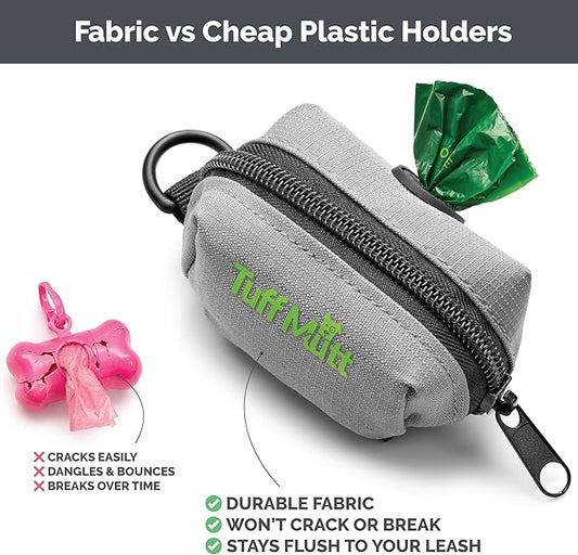 Tuff Mutt Dog Poop Bag Holder with Velcro Attachment - Durable Fabric Poop Bag Dispenser for Leashes - Includes Starter Roll for Easy Cleanup