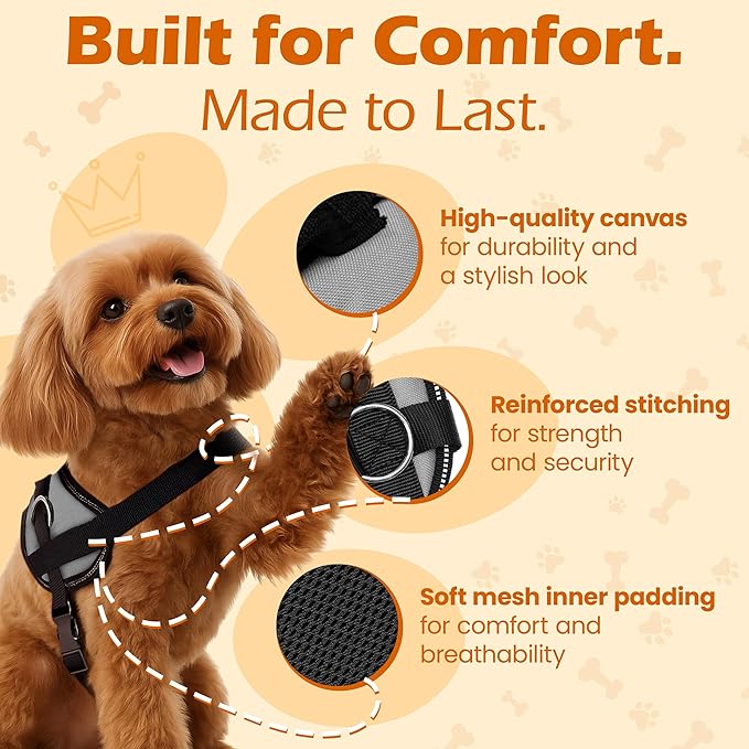 Bark Appeal Gray No-Pull Dog Harness for Extra Small Sized Pets – Adjustable, Reflective Vest with 3 Leash Clips for Added Control, Easy Walks & Training – XS