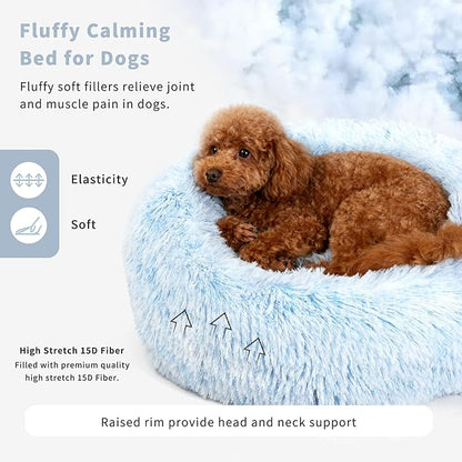 Calming Donut Dogs Beds for Small Dogs Washable,19inch Fluffy Round Puppy Bed for Puppies,Cats & Toy Breeds with Raised Rim,Fits up to 15 lbs Pets,Gradient Blue