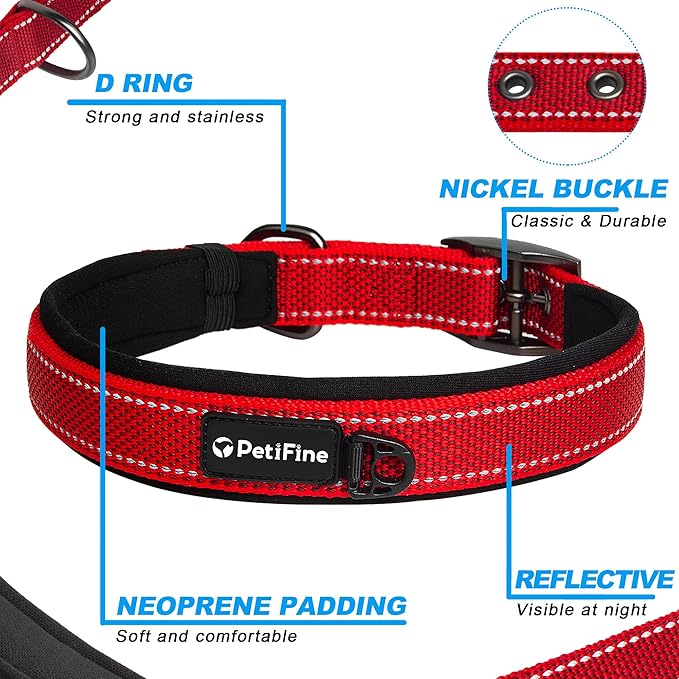 PetiFine Dog Collars for Medium Dogs, Neoprene Padded and Adjustable, Reflective Wide Heavy Duty Pet Collars with Durable Metal Belt Buckle for Walking, Red, M