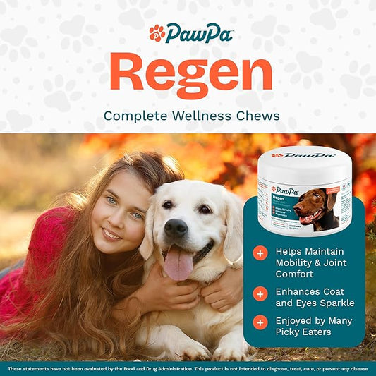 PawPa Regen, 120 Chews Veterinarian Recommended Regenerative Stem Cell Supplement for Senior Dogs, Supports Mobility, Appearance, Alertness, Hip & Joint, Delicious Beef Flavor Chews