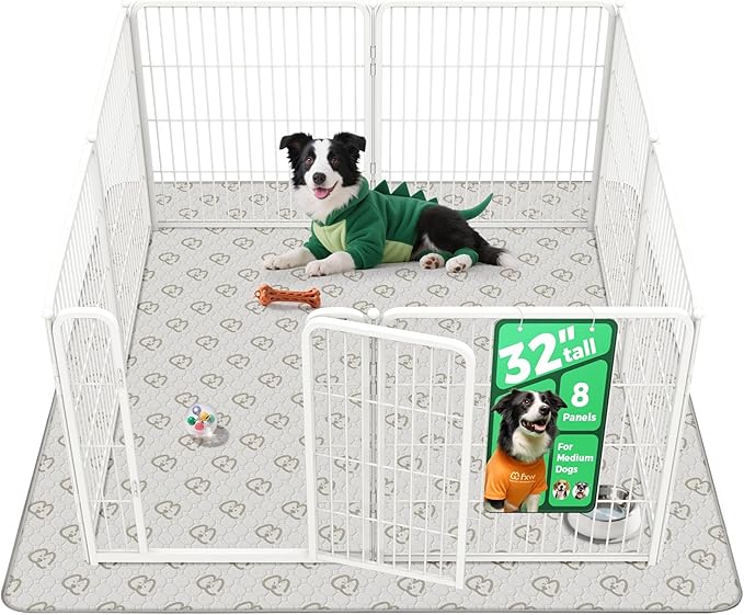 FXW Homeplus Unleashed Indoor Dog Playpen - Stress-Free and Safe Play, Heavy Duty 32 Inch 8 Panels with Washable Pee Pad for Small and Medium Dogs, White│Patented