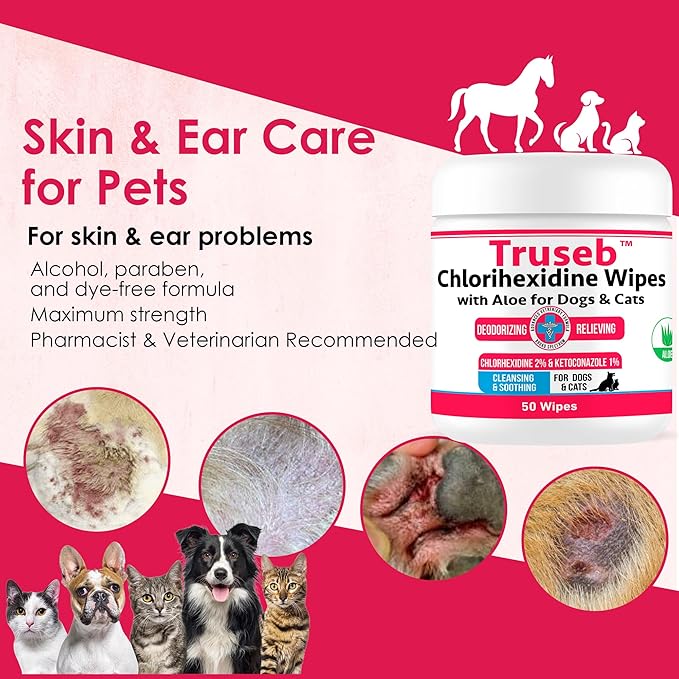 Pet Health Pharma Truseb Topical Ketoconazole and Chlorhexidine Wipes for Dogs, Cats and Horses - with Aloe for Cleansing - 50 Count (Ketoconazole & Chlorhexidine Wipes, 50 Count)