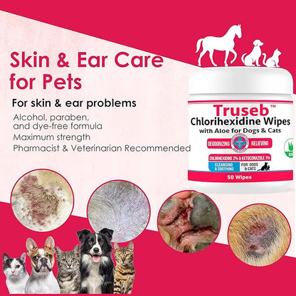 Pet Health Pharma Truseb Topical Ketoconazole and Chlorhexidine Wipes for Dogs, Cats and Horses - with Aloe for Cleansing - 50 Count (Ketoconazole & Chlorhexidine Wipes, 50 Count)