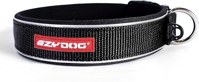 EzyDog Neo Dog Collar - Waterproof & Reflective Dog Collar with Soft Padded Neoprene for Comfort & Durable Nylon – Features Quick Release Buckle and Built-in ID Clip (Large, Black)