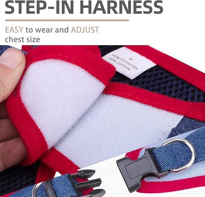 PUPTECK Dog Harness and Leash Set for Small Medium Dogs No Pull Step-in Soft Mesh Puppy Cat Vest Harnesses Reflective at Night, Denim NavyBlue L