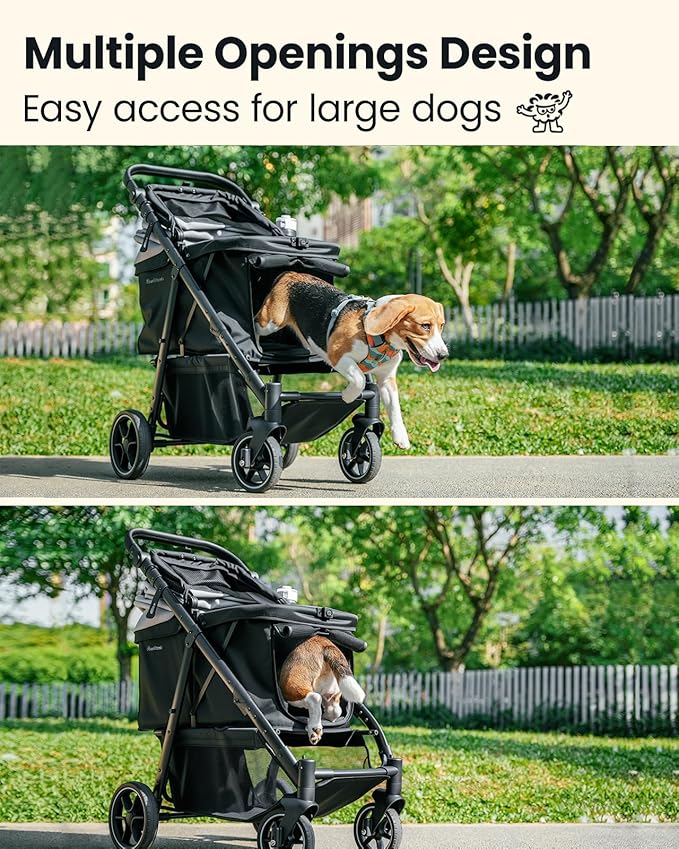 Pawccoli Medium Dog Stroller, Foldable Pet Stroller with Adjustable Handle & No Zip Entry, Storage Basket & Cup Holder, Canopy, Mesh Windows, Ideal for Medium Dogs and Cats Up to 50lbs, Black