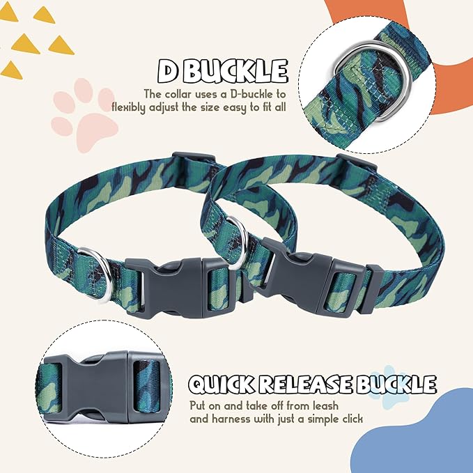 Print Patterned Dog Collar Leash Set, Adjusted Quick-Release Plastic Buckles and Heavy-Duty Steel D-Ring Nylon Collar Leash Set Strong Durable, Green Camo,M