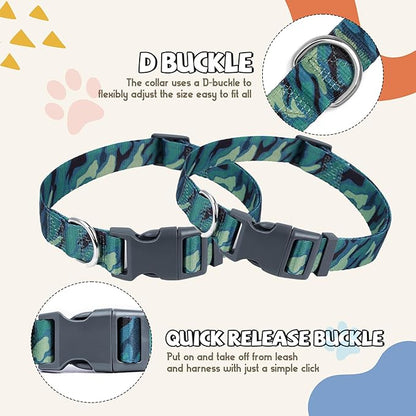 Print Patterned Dog Collar Leash Set, Adjusted Quick-Release Plastic Buckles and Heavy-Duty Steel D-Ring Nylon Collar Leash Set Strong Durable, Green Camo,M