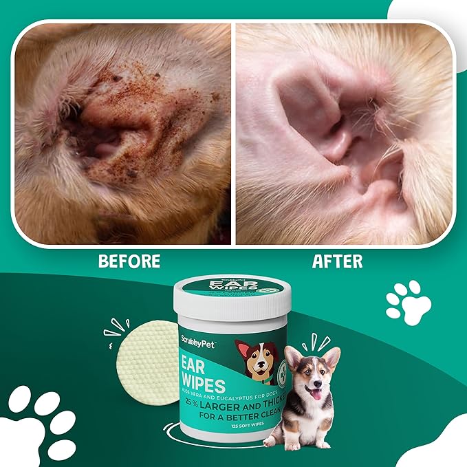 Dog Ear Wipes for Dogs | Extra Thick with Aloe Vera & Eucalyptus | 250 Count | Hypoallergenic Ear Cleaner for Dogs with Pearl Texture for Deeper Clean