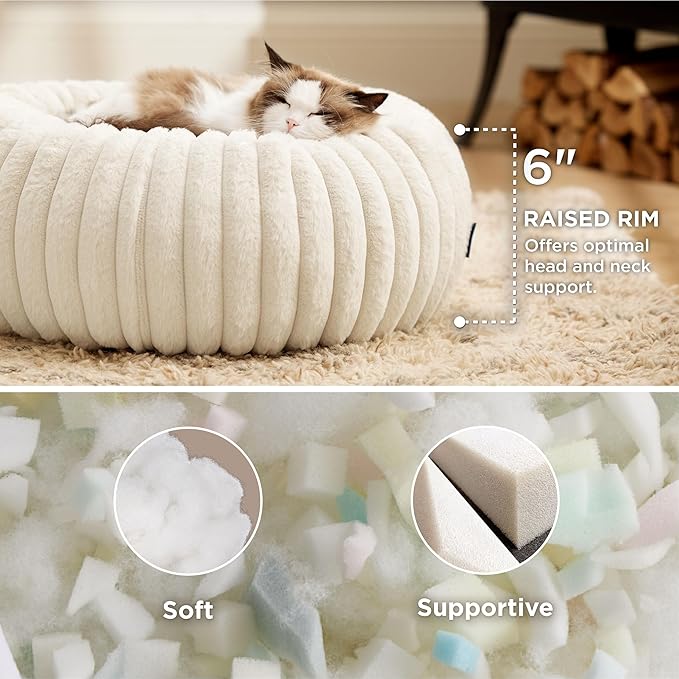 Bedsure ComfyFleece Cat beds for Indoor Cats - Donut Dog Beds for Small Dogs with Corduroy Fleece & Anti Slip Bottom, Faux Fur Pet Beds with Washable Removable Cover, Cream, 20x20x6 inches