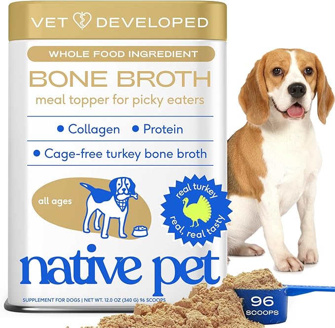 Native Pet Bone Broth for Dogs and Cats - Turkey Bone Broth Powder Dog Food Toppers for Picky Eaters - Provides Extra Nutrition for Joint Strength, Immune Support & Heart Health - 96 Scoops