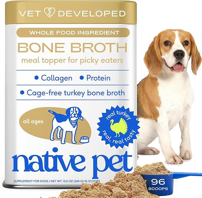 Native Pet Bone Broth for Dogs and Cats - Turkey Bone Broth Powder Dog Food Toppers for Picky Eaters - Provides Extra Nutrition for Joint Strength, Immune Support & Heart Health - 96 Scoops