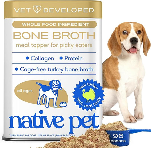 Native Pet Bone Broth for Dogs and Cats - Turkey Bone Broth Powder Dog Food Toppers for Picky Eaters - Provides Extra Nutrition for Joint Strength, Immune Support & Heart Health - 96 Scoops