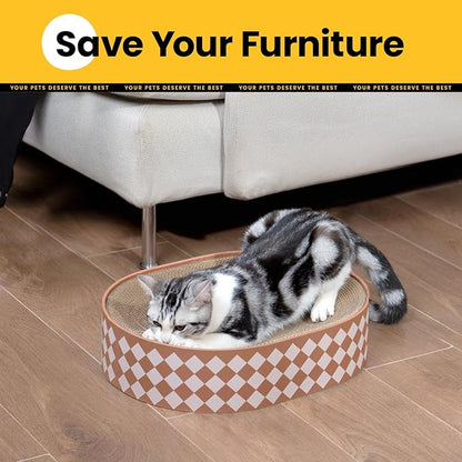 Conlun Oval Cat Scratcher Bed, 2-in-1 Cat Scratching Board, Natural Corrugated Cardboard Scratch Pad Lounge, Sealed Base Traps Debris,No Assembly Kitty Furniture,Stylish Colors Blends Any Home Decor