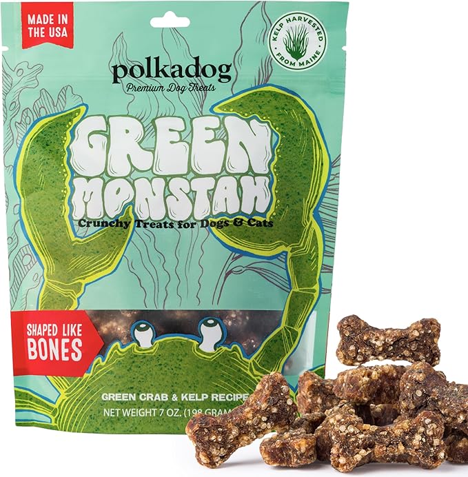 Polkadog Green Monstah Bone Shaped Dog Treats – Crunchy, All Natural, Limited Ingredient Healthy Treats. Handcrafted & Made in USA. Made with Kelp & Green Crab, High in Omega-3, Hypoallergenic – 7oz