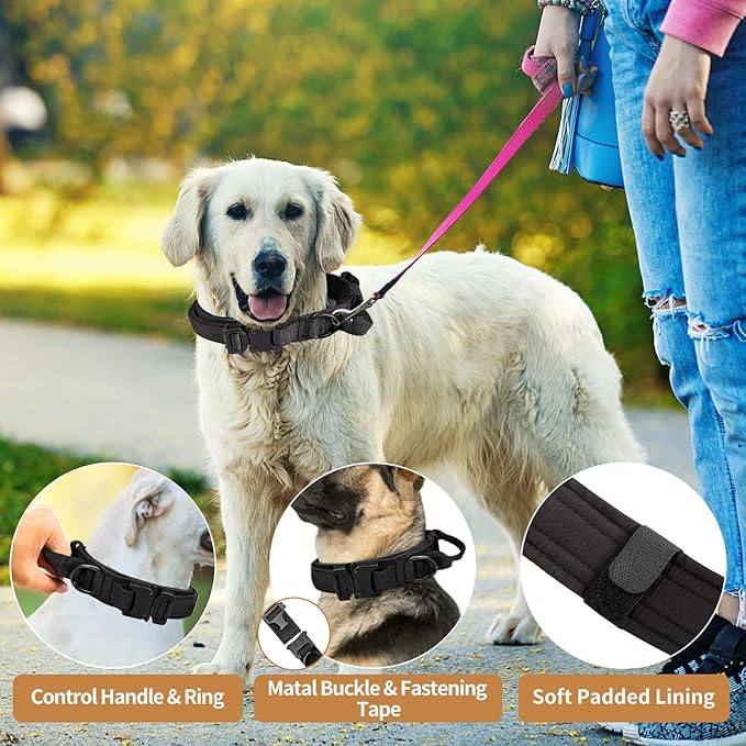 Tactical Military Dog Collar - Adjustable Heavy Duty Metal Buckle Nylon Collar with Control Handle for Small to Large Dogs (Black, L)