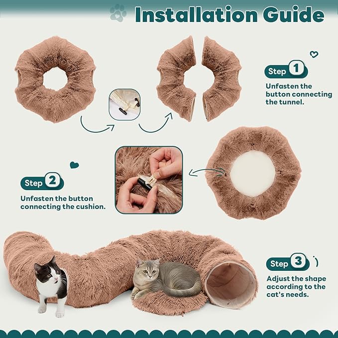DUMOS Cat Tunnel Bed for Indoor Cats Cave Donut Play Tunnel with Soft Plush Peekaboo, Circle Cushion, Washable Multifunctional Playground Under Tree Pet Toys for Kittens, Puppy Rabbit, Ferret - Brown
