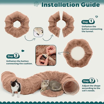 DUMOS Cat Tunnel Bed for Indoor Cats Cave Donut Play Tunnel with Soft Plush Peekaboo, Circle Cushion, Washable Multifunctional Playground Under Tree Pet Toys for Kittens, Puppy Rabbit, Ferret - Brown