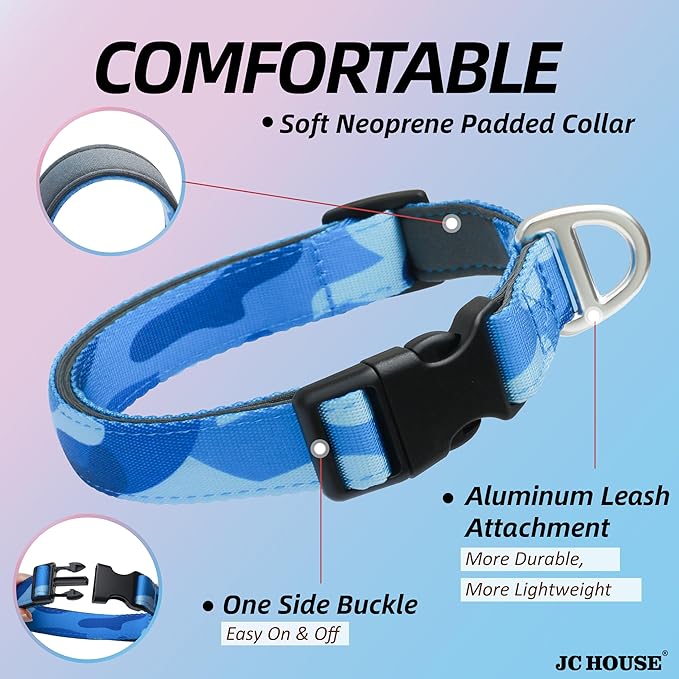 Soft Padded Dog Collar, Neck 16’’-25’’, Adjustable Heavy Duty Collar with 3M Reflective Logo for Medium, Large Dogs, Camo Blue, L