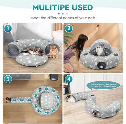 OUHOU Cat Tunnel Bed for Indoor Cats, Donut Tunnel with Mat, Straight Tunnel, 4 Hanging Balls and Blackout Tent, Collapsible Peekaboo Cat Cave