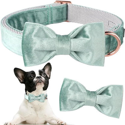 ARING PET Velvet Dog Collars with Bow tie, Dog Bowtie Collar, Adjustable Green Dog Collar,Small.