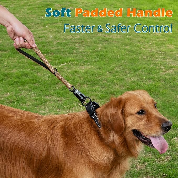 PetBonus Heavy Duty Short Dog Leash, 12 Inch Nylon Traffic Leash with Quick Release Clip, Comfortable Padded Handle, Reflective Training Lead for Medium Large Dogs (Brown, 12")