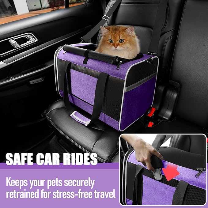 GAPZER Pet Carrier for Large Cat 20 lbs+ / Soft Sided Small Dog 12 Pounds Travel Crate Top Load/Collapsible Kitty Carry Bag Big Kitten Mesh/Sturdy Animal Transport cage Kennel Long Trips Purple