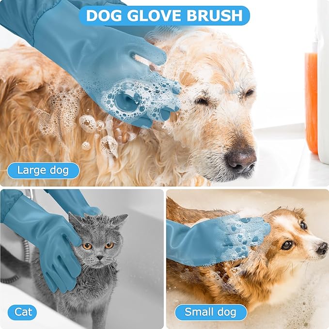Senquoyn Dog Washing Gloves | Pet Grooming Gloves | Extra Long Arms (17.3") for Cats & Dogs | Massage & Hair Removal Pet Glove (Hazy Blue)