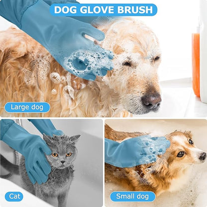 Senquoyn Dog Washing Gloves | Pet Grooming Gloves | Extra Long Arms (17.3") for Cats & Dogs | Massage & Hair Removal Pet Glove (Hazy Blue)