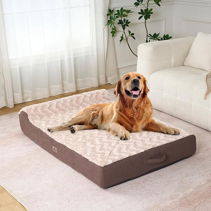 PetFun Jumbo Orthopedic Dog Bed - 7-inch Thick Memory Foam Pet Bed with Pillow Removable Cover Free Waterproof Liner - for Large Dogs (Khaki (Textured Plush), 50''L x 34''W x 10''Th I Extra Large)
