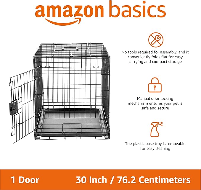 Amazon Basics - Durable, Foldable Metal Wire Dog Crate with Tray, Single Door, 30 x 19 x 21 in, Black