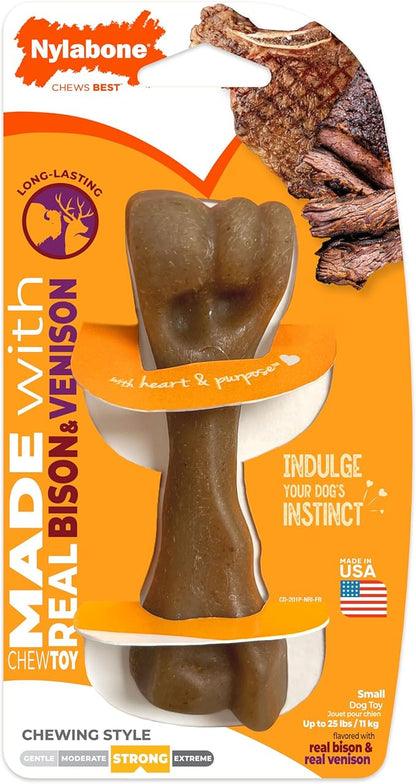 Nylabone Femur Bone Strong Chew Toy for Dogs Made with Real Bison & Venison, Durable Dog Chew Bones for Aggressive Chewers, Long-Lasting Flavor Keeps Dogs Busy, Small Dog Toys - Up to 25 lbs, 1 Count