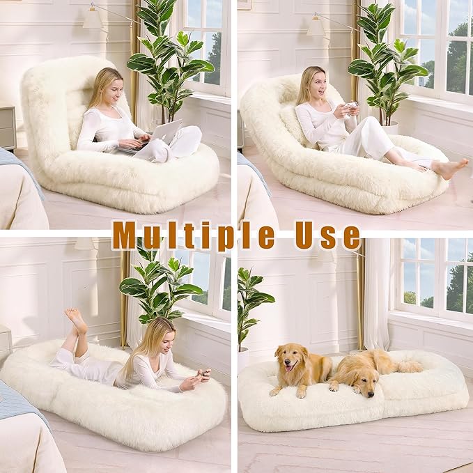 KEIKI 69" Human Dog Bed for Adults, Plush Faux Fur Giant Dog Bed with Adjustable Recliner Function, Foldable Nest Sofa with Pillows for Bedroom or Living Room, Beige
