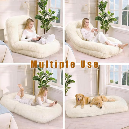 KEIKI 69" Human Dog Bed for Adults, Plush Faux Fur Giant Dog Bed with Adjustable Recliner Function, Foldable Nest Sofa with Pillows for Bedroom or Living Room, Beige