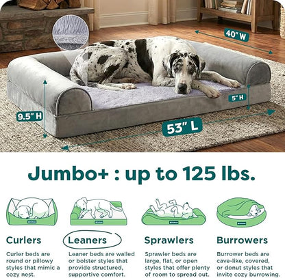 Furhaven Orthopedic Dog Bed for Large Dogs w/ Removable Bolsters & Washable Cover, For Dogs Up to 125 lbs - Faux Fur & Velvet Sofa - Smoke Gray, Jumbo Plus/XXL